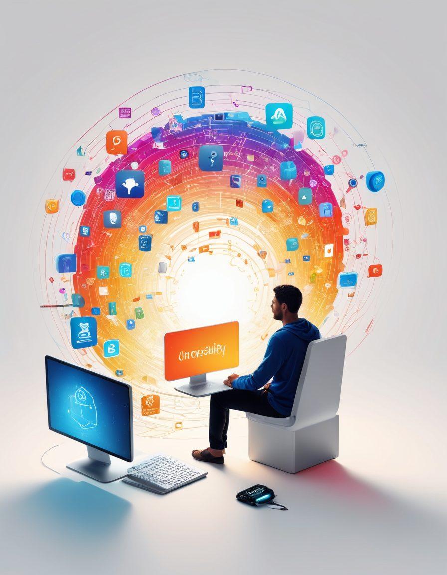 A person sitting at a computer, with a glowing digital lock being unlocked, surrounded by vibrant icons symbolizing accessibility features like screen readers, subtitles, and easy navigation. The background is filled with abstract representations of the internet, flowing lines and bright colors reflecting freedom and connectivity. super-realistic. vibrant colors. white background.