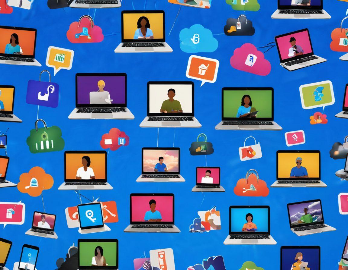 A visually striking collage depicting diverse individuals of various backgrounds celebrating digital freedom, using laptops and smartphones in a lively outdoor setting with colorful digital screens showing symbols of freedom like an open lock. The background features a vibrant, abstract representation of the internet, including clouds and nodes, symbolizing connectivity and accessibility. super-realistic. vibrant colors. 3D.